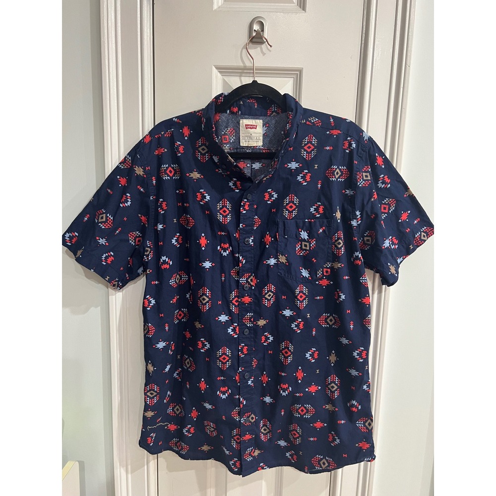 Levis Mens XL Short Sleeve Button Down Shirt Southwestern Tribal Print Navy Blue
